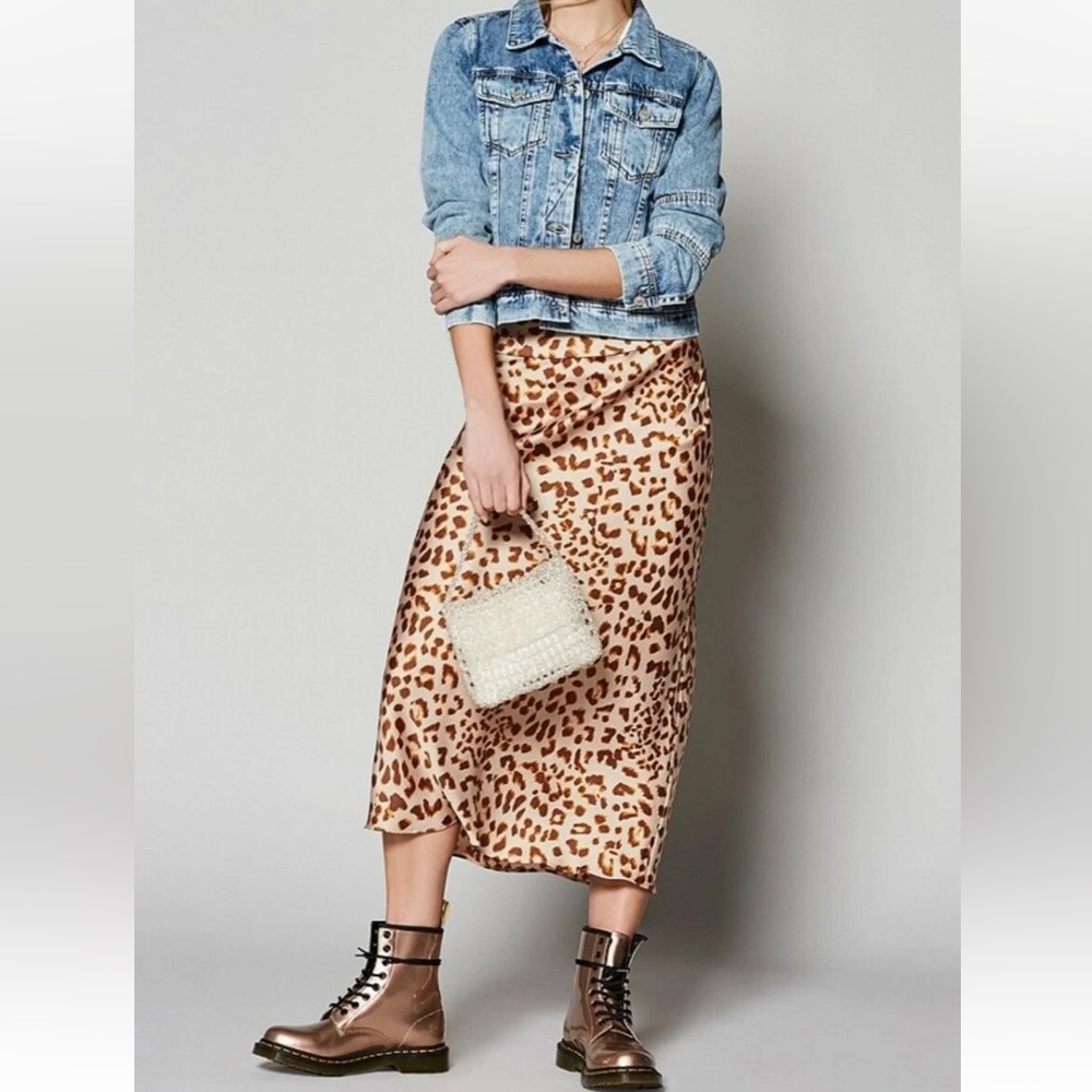 Free People Normani Bias Leopard Print Midi 0 polyester high waist zipper Skirt - Picture 16 of 16
